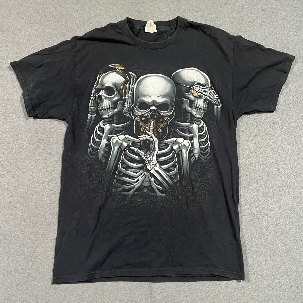 90s Skeleton See No Evil Hear No Evil Speak No Evil Graphic T Shirt Size M Black